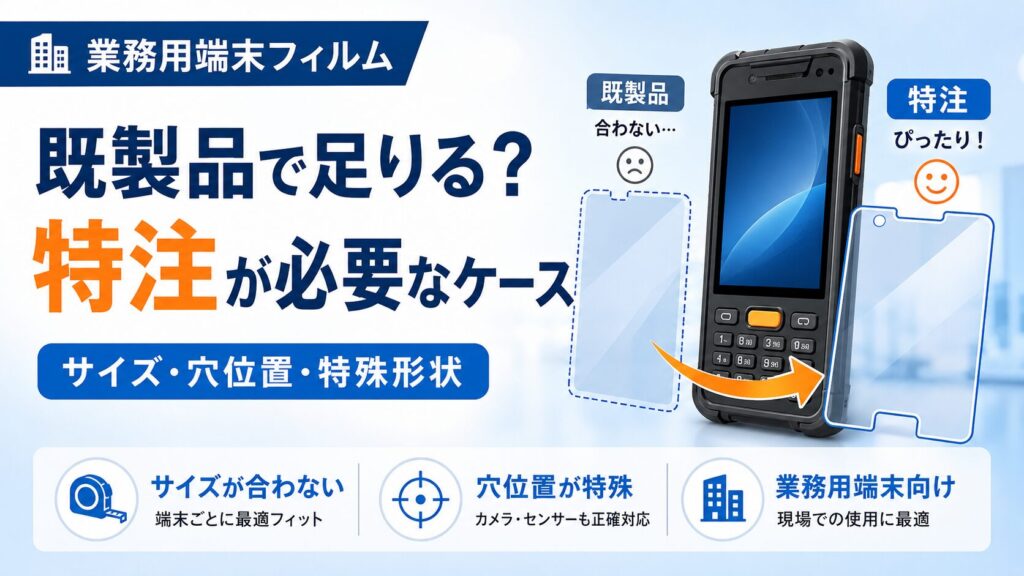業務用端末で既製品と特注保護フィルムのフィット感の違いを表したイメージ