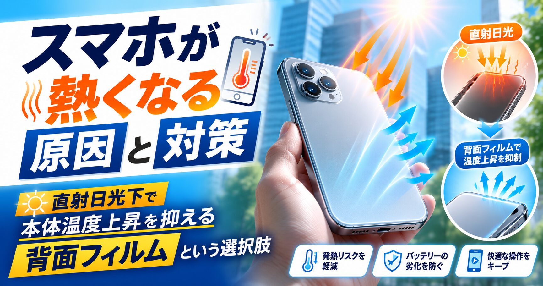 屋外の直射日光下でスマホの発熱対策を行うイメージ
