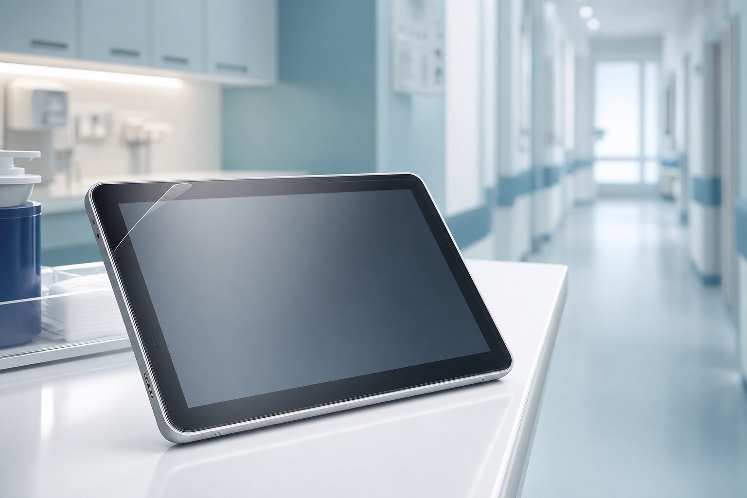 医療機関で複数のスタッフが共有して使う電子カルテ用タブレットに、保護フィルムを貼って清掃や日常的な取り扱いから画面を守るイメージ