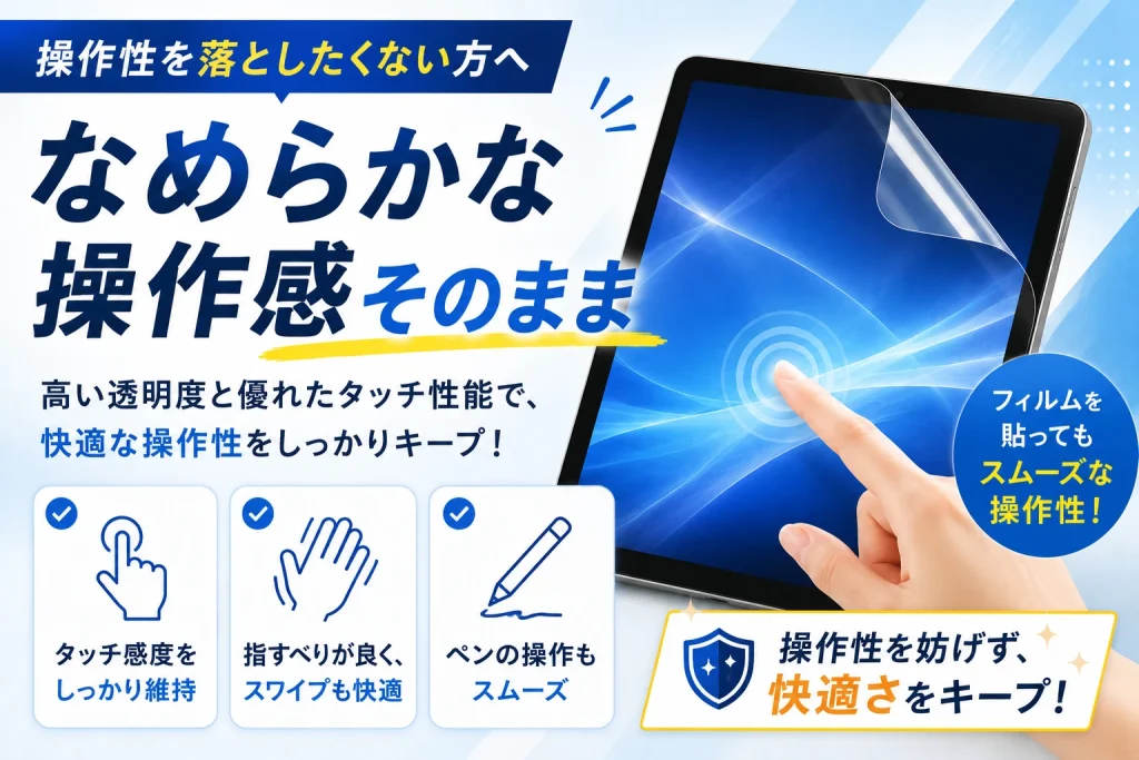 保護フィルムを貼ってもなめらかな操作感を保てるイメージ画像