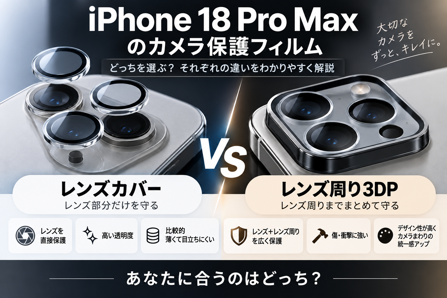 iPhone 18 Pro Maxのカメラ保護フィルム｜レンズカバーとレンズ周り3DPの違い